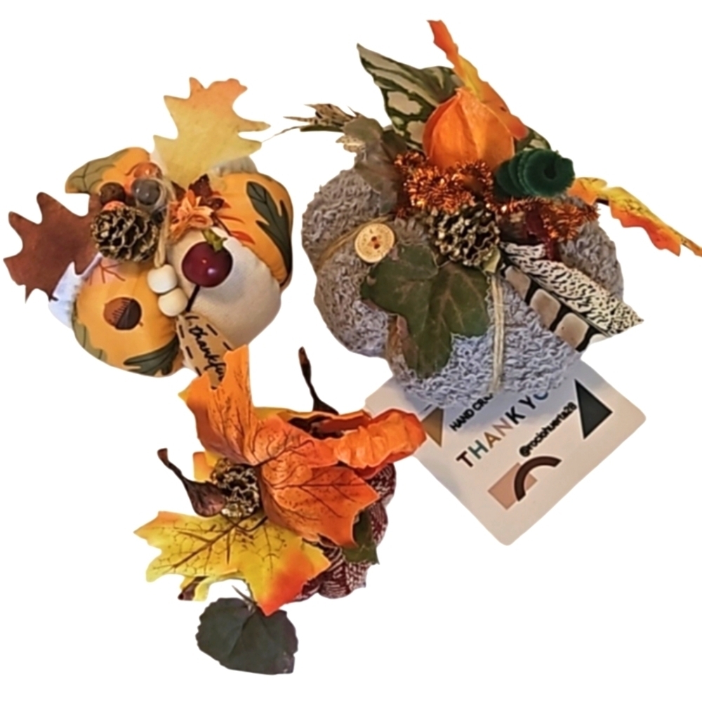 Hand Crafted Fabric Pumkins trio holiday decor harvest motif fall handmade art - Picture 1 of 16
